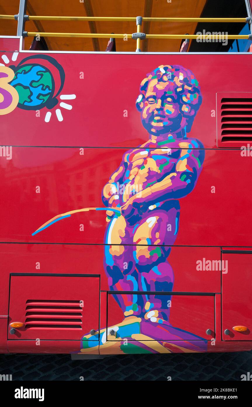 Manneken Pis drawn on the City Sightseeing Brussels tourist bus (hop-on, hop-off) in Brussels, Belgium Stock Photo