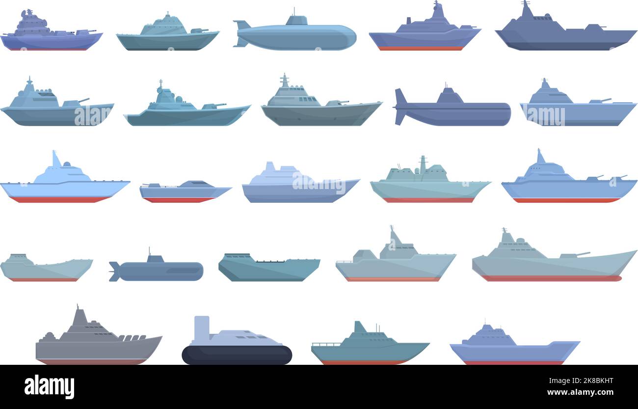Warship icons set cartoon vector. Military carrier. War boat Stock Vector