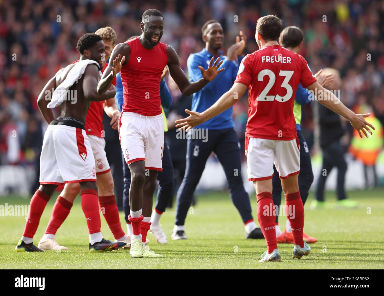 Nottingham, UK. 22nd Oct, 2022. Cheikhou Kouyate and Remo Freuler of Nottingham Forest react after the Premier League match at the City Ground, Nottingham. Picture credit should read: Darren Staples/Sportimage Credit: Sportimage/Alamy Live News Stock Photo