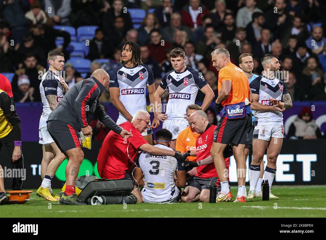 Kallum Watkins of England receives treatment during the Rugby League