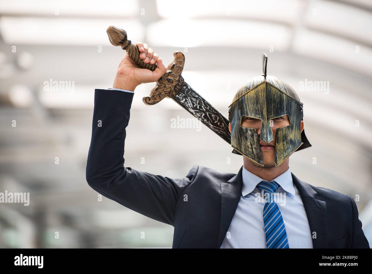 2023 New Year, Business Warrior, Business Man holding sword and shield get ready to fighting in business war. Stock Photo