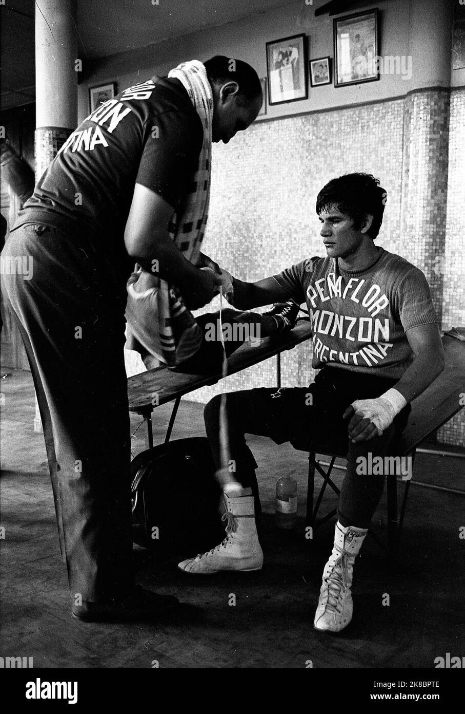 Amílcar Brusa, Argentine box trainer, with Carlos Monzón, Argentine boxer, training at the Luna ...