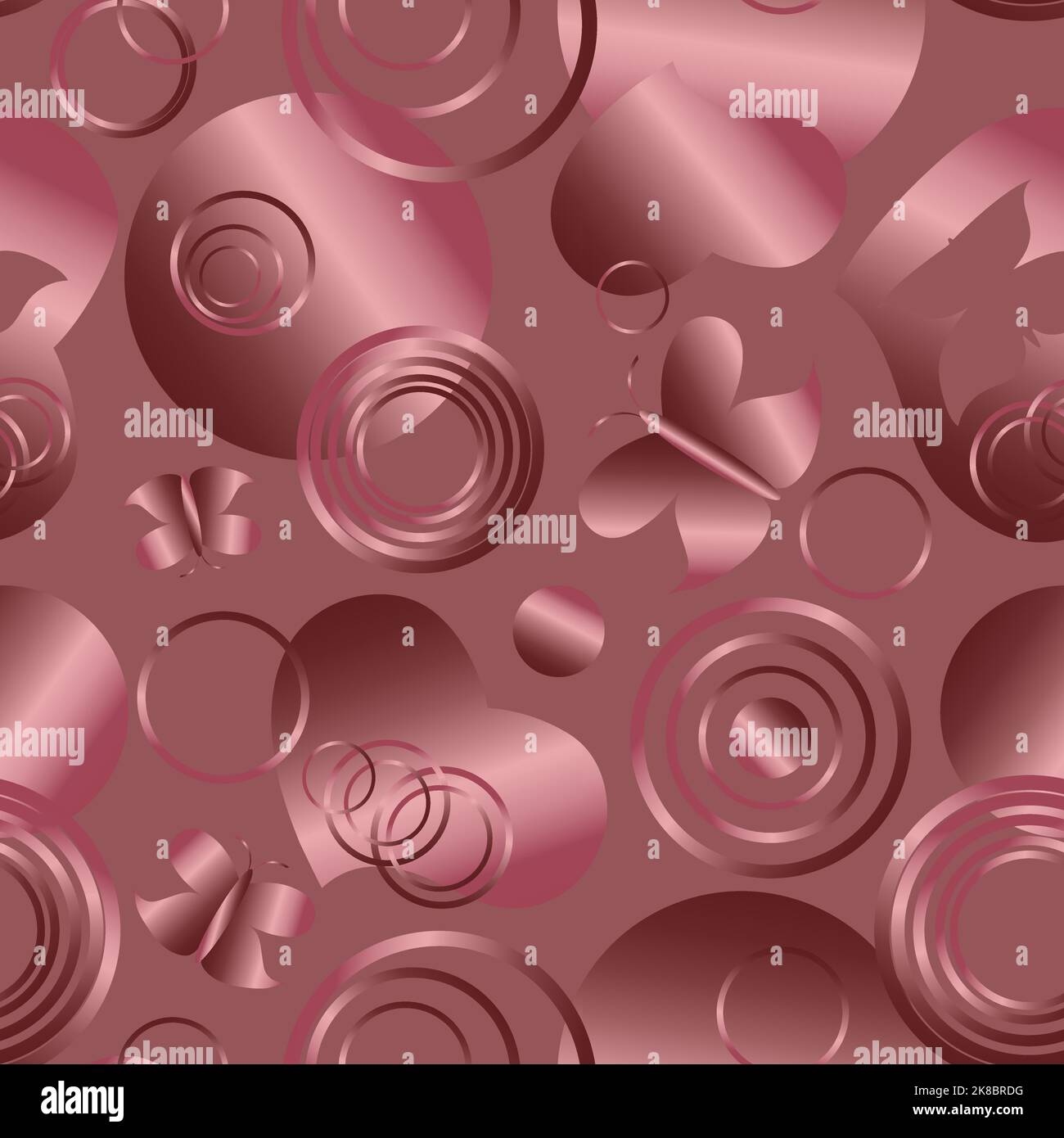 seamless pattern with red hearts, circles and butterflies without background made by gradient Stock Vector