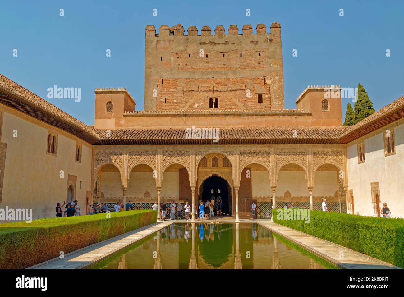 The Court of the Myrtles, a part of the Nasrid Comares Palace, part of the Alhambra Palace complex at Granada, Andalusia, Spain. Stock Photo