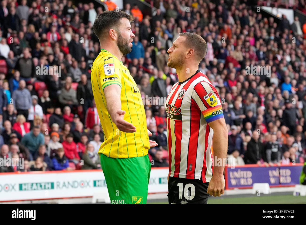 Grant Hanley #5 of Norwich City and Billy Sharp #10 of Sheffield United react during the Sky Bet Championship match Sheffield United vs Norwich City at Bramall Lane, Sheffield, United Kingdom, 22nd October 2022  (Photo by Steve Flynn/News Images) Stock Photo