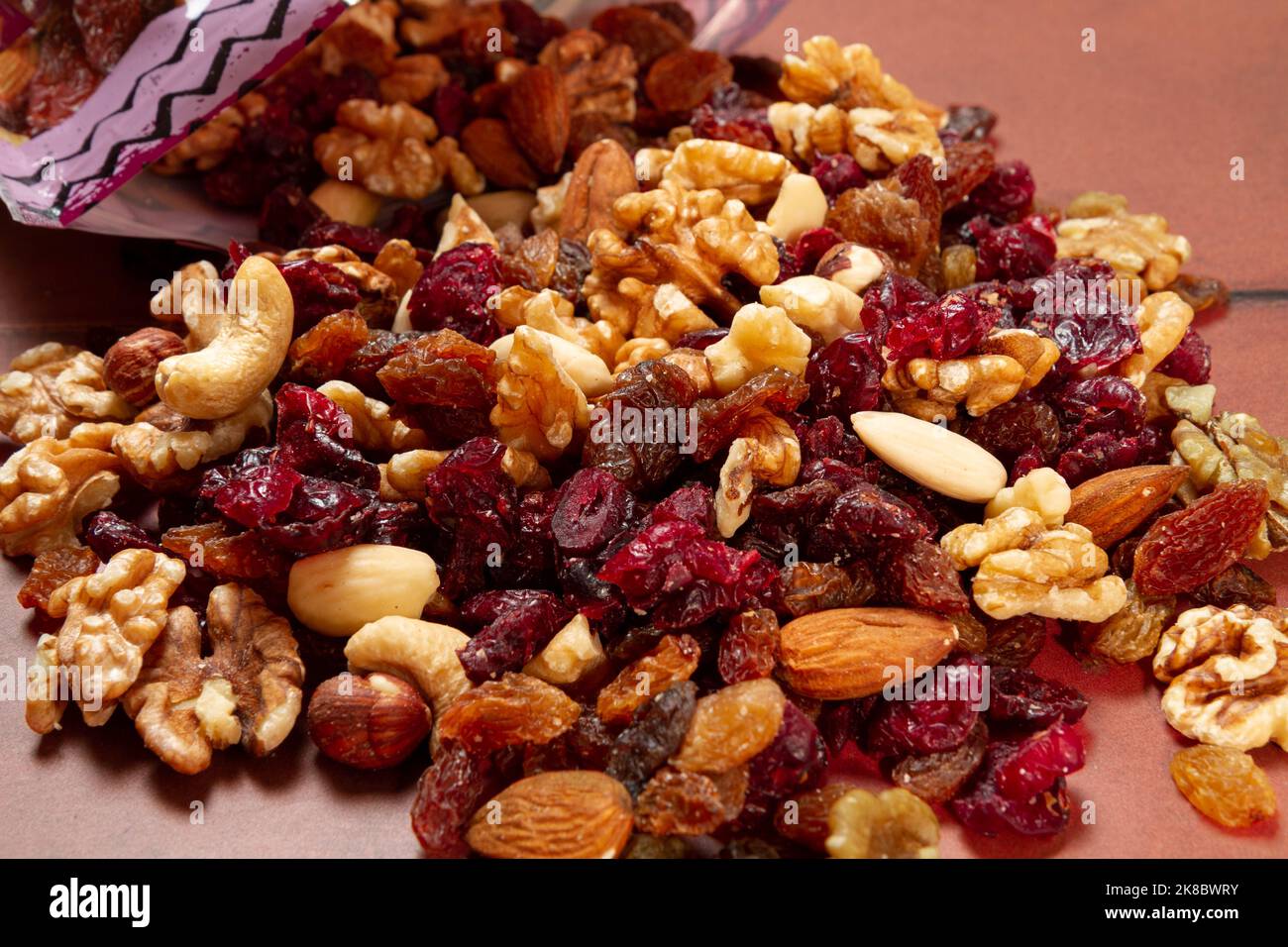 fruit and nut mix with bag close up Stock Photo