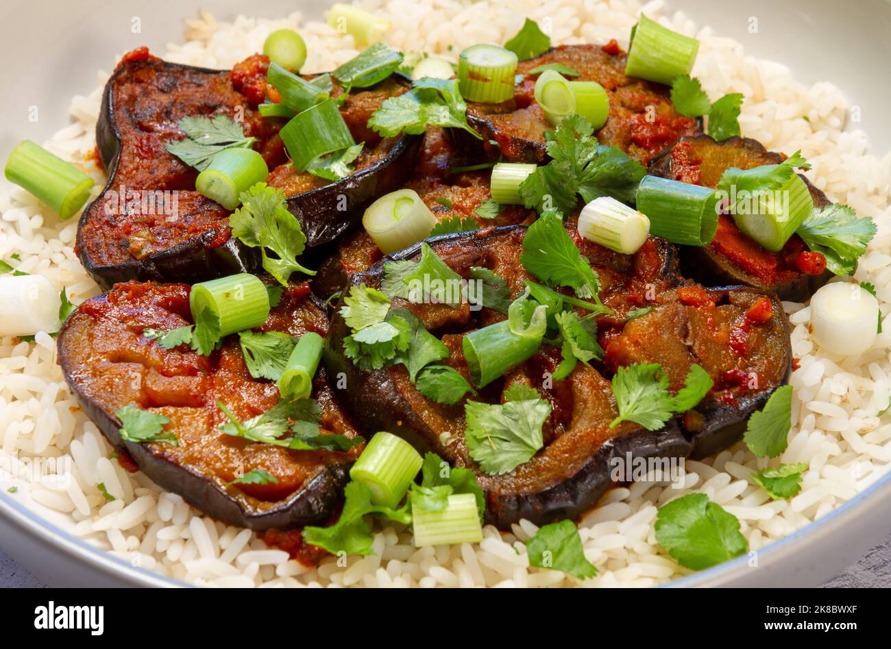 West Indian spiced aubergine curry and long grain rice close up Stock