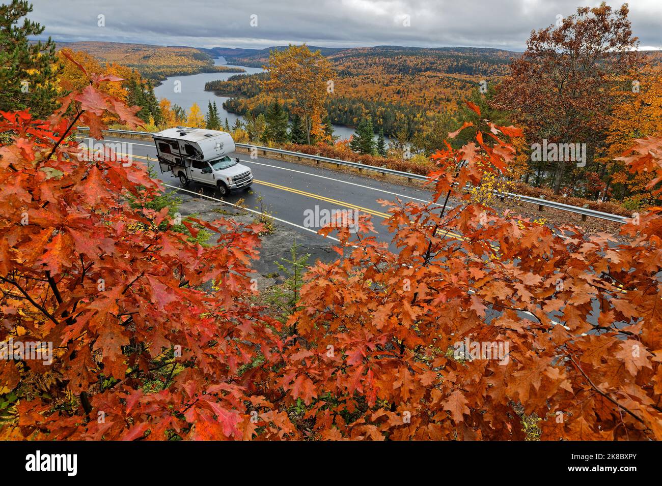 SHAWINIGAN, CANADA, October 4, 2022 : On the road of Parc National de La Mauricie in a beautiful lake and forests landscape. Stock Photo