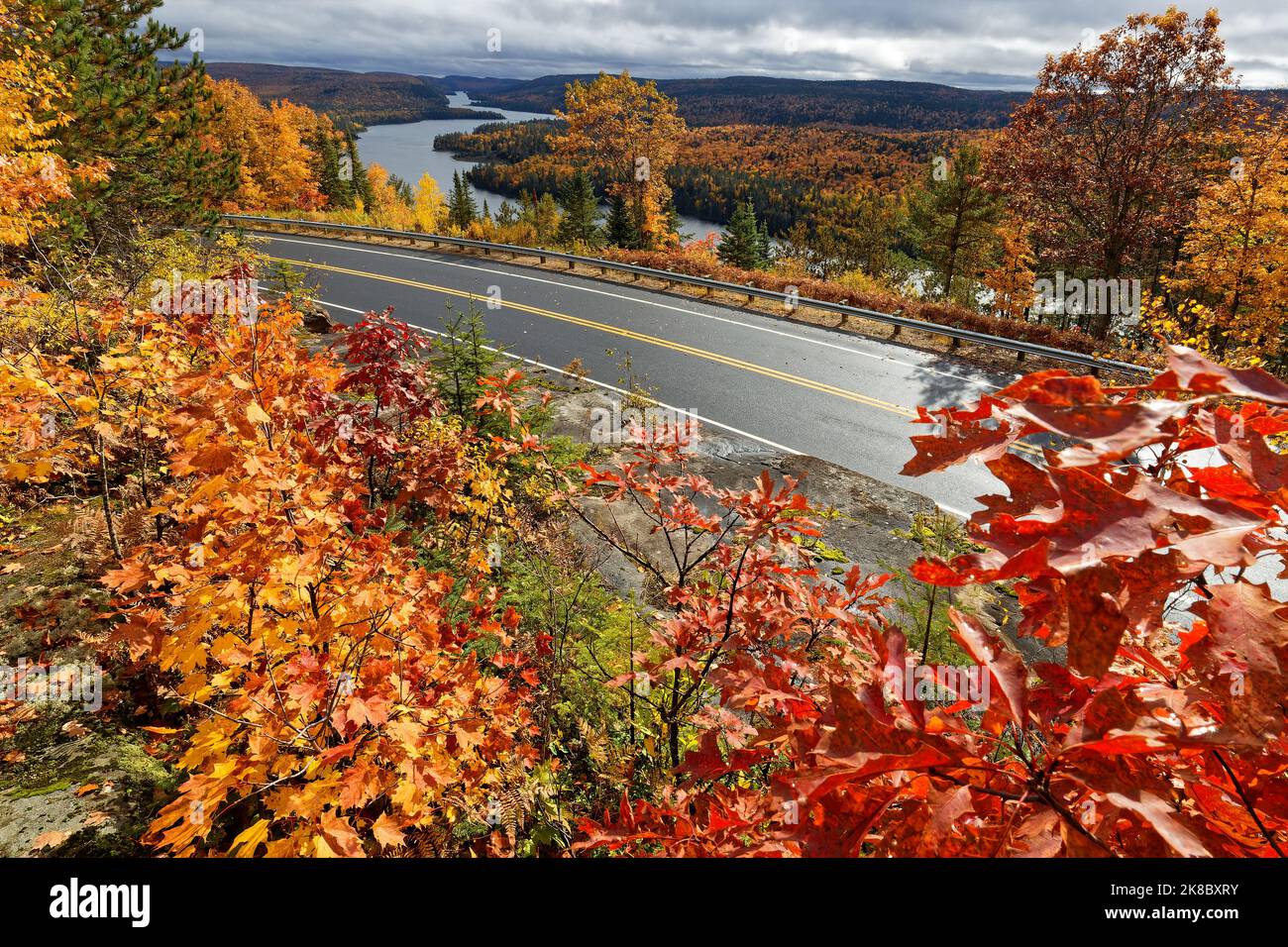 Road and landscape in Parc de La Mauricie through fall colors, Quebec Stock Photo
