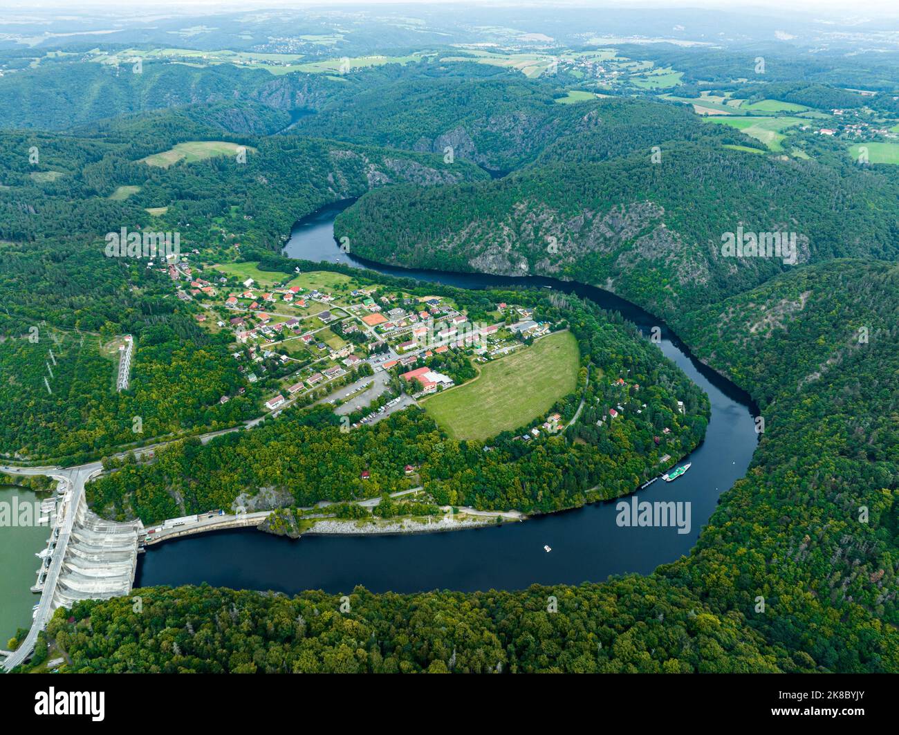 Czechia. Vltava River Aerial View of Czech Republic, Krnany, Europe. Central Bohemia, Czech Republic. View from Above near Vyhlidka Maj Viewpoint. Stock Photo