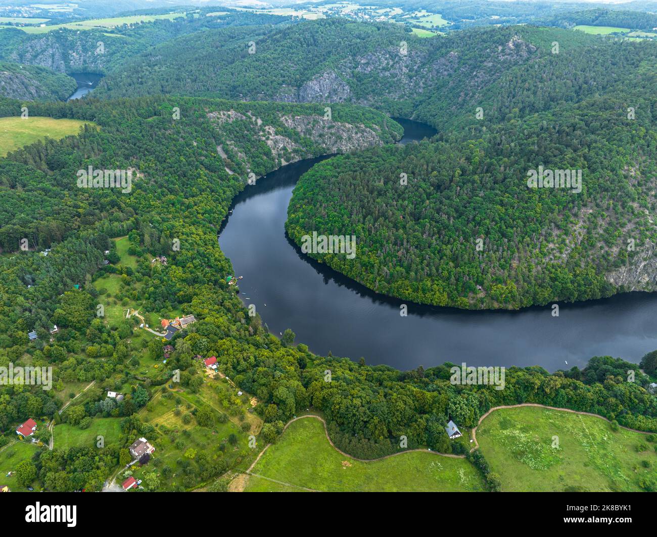 Czechia. Vltava River Aerial View of Czech Republic, Krnany, Europe. Central Bohemia, Czech Republic. View from Above near Vyhlidka Maj Viewpoint. Stock Photo