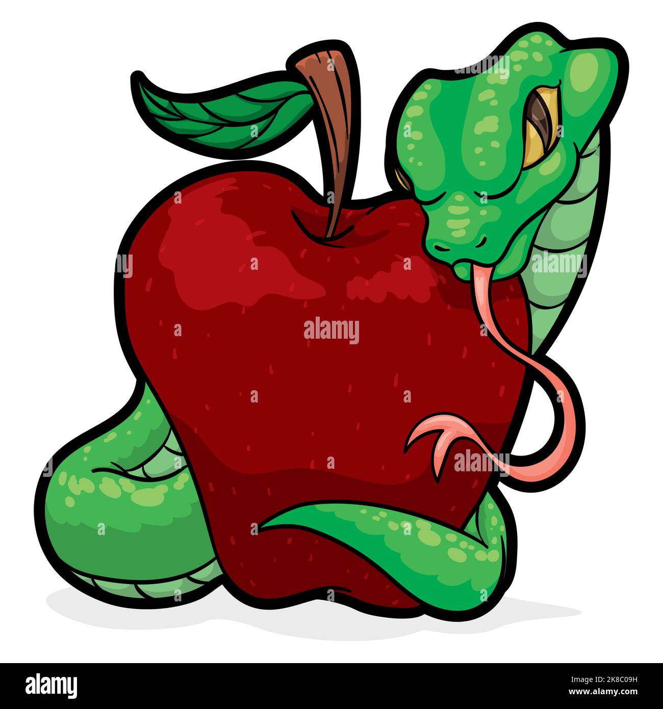 Green snake tempting you with a red apple like the biblical story. Stock Vector