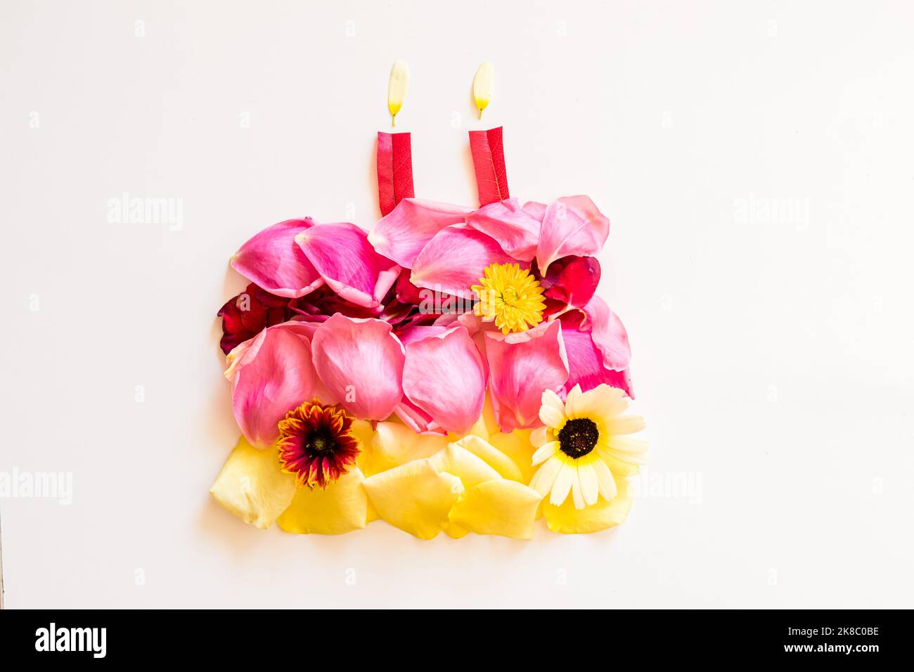 happy birthday cake made from rose petals and leaves Stock Photo