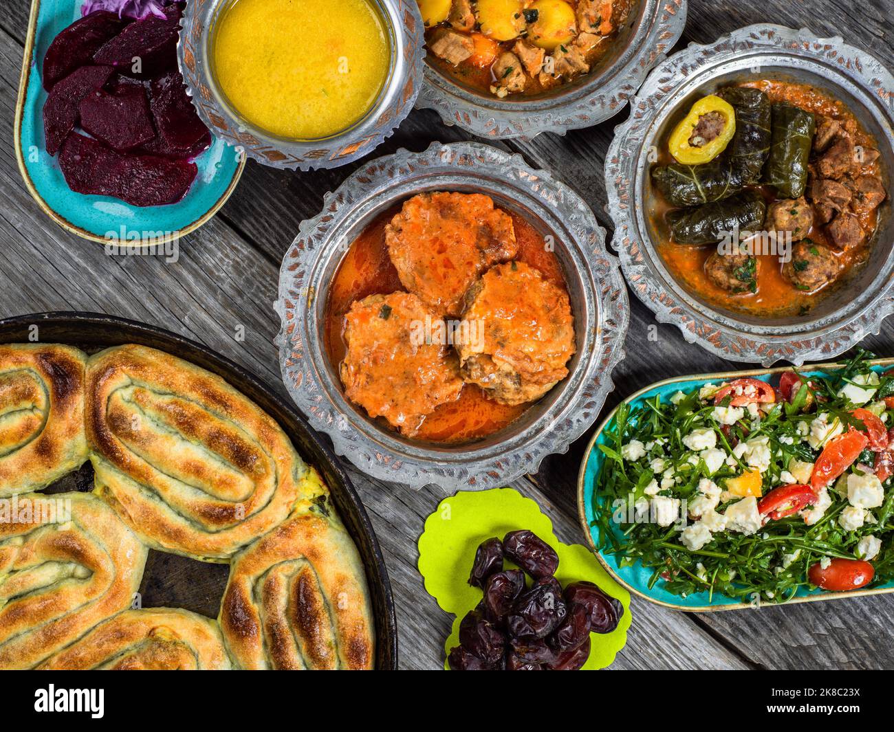 Eid Mubarak Traditional Ramadan Iftar dinner. Assorted tasty food in ...
