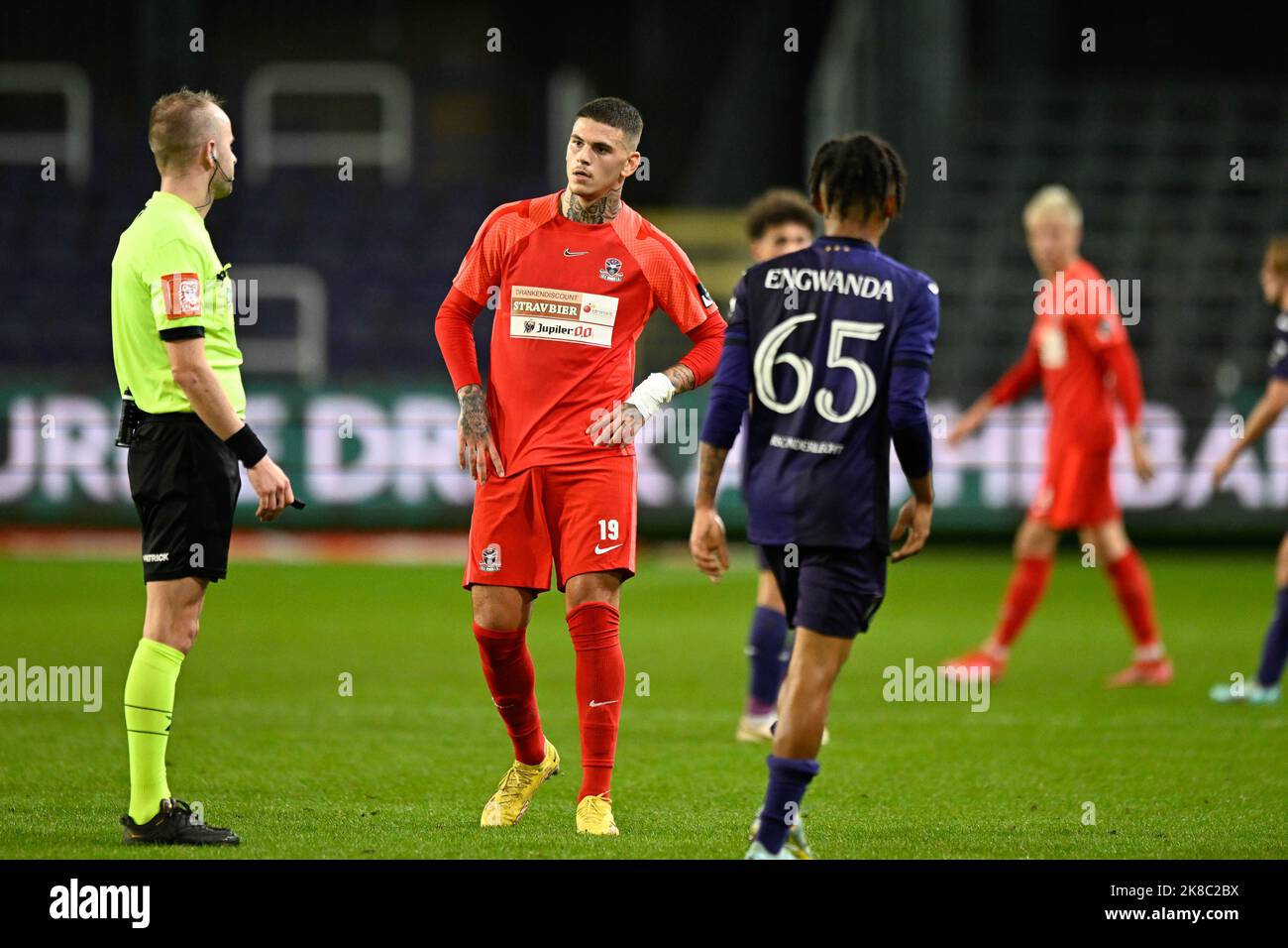 RSCA Futures' Mohamed Bouchouari and Beveren's Kevin Hoggas fight for the  ball during a soccer match between RSC Anderlecht Futures (u23) and SK  Beveren, Saturday 27 August 2022 in Brussels, on day