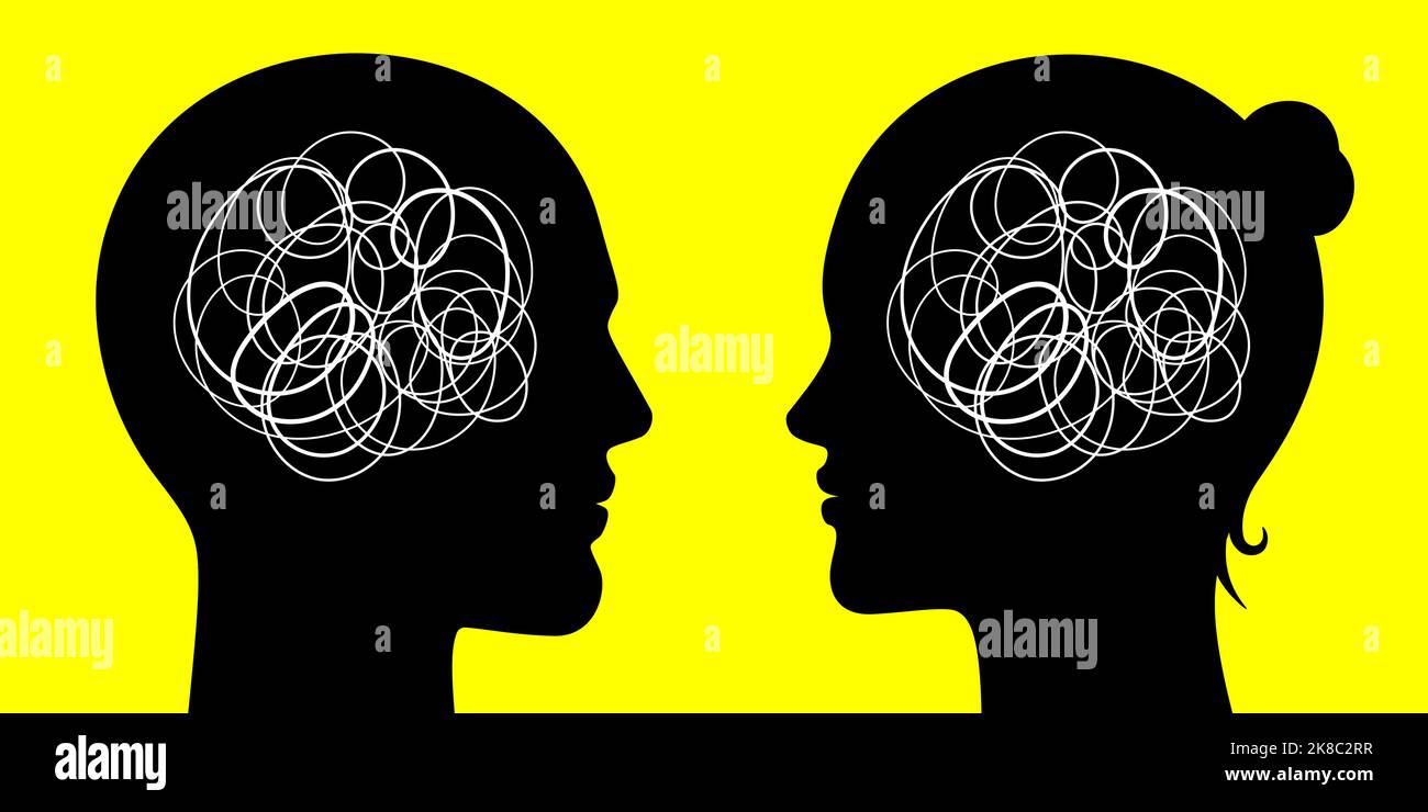 Man and woman looking at each other with chaotic thoughts in their brains. Gender relationships psychological concept vector illustration. Stock Vector