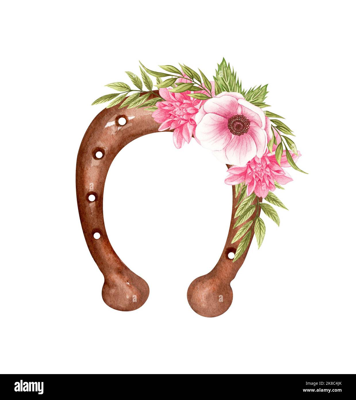 Watercolor floral cowboy horseshoe. horseshoe and flowers. Farmhouse ...