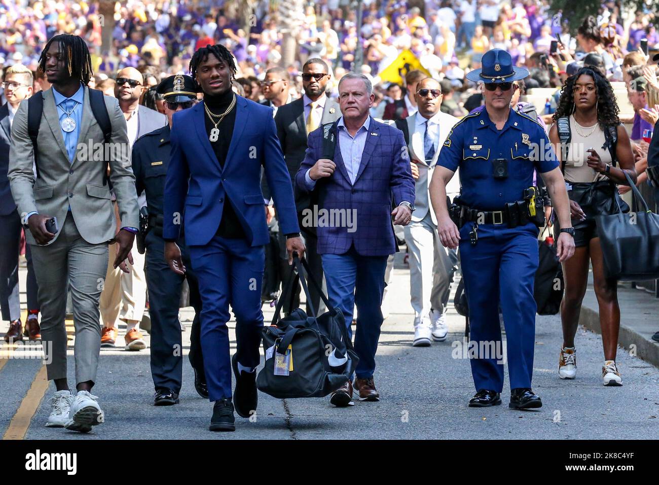 October 22, 2022 LSU Head Coach Brian Kelly leads his team down Victory Hill as players Brian