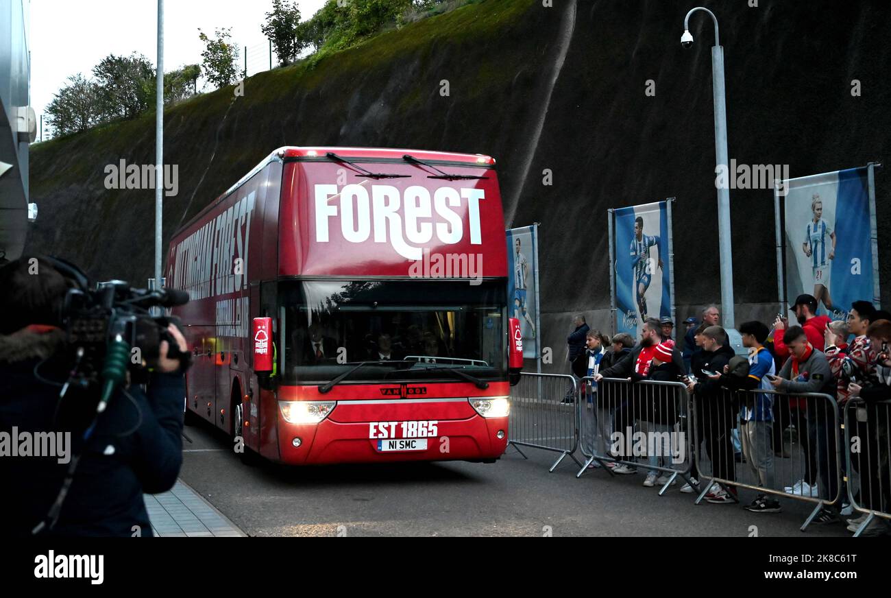 The Nottingham Forest team bus during the Premier League match between  Brighton and Hove Albion and Nottingham Forest at The American Express Community Stadium , UK - 18th  October 2022  Editorial use only. No merchandising. For Football images FA and Premier League restrictions apply inc. no internet/mobile usage without FAPL license - for details contact Football Dataco Stock Photo