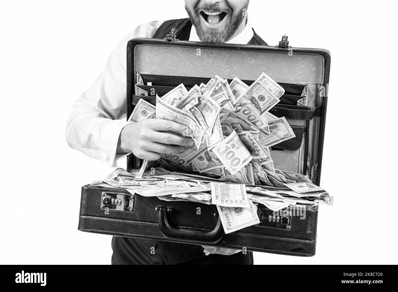 investment. cropped businessman with money bag. investor hold case with ...