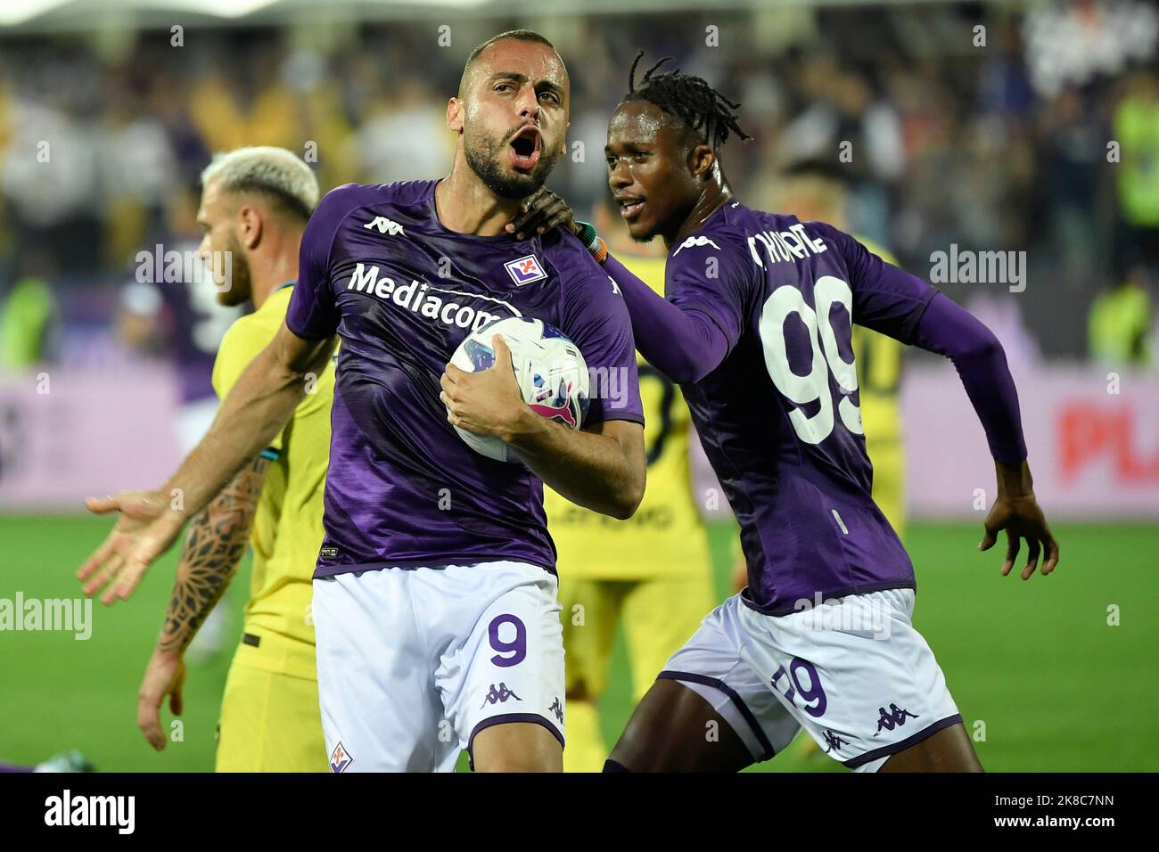 Firenze, Italy. 22nd Oct, 2022. Arthur Cabral of ACF Fiorentina celebrates after scoring on penalty the goal of 1-2 for his side during the Serie A football match between ACF Fiorentina and FC Internazionale at Artemio Franchi stadium in Firenze (Italy), October 22th, 2022. Photo Andrea Staccioli/Insidefoto Credit: Insidefoto di andrea staccioli/Alamy Live News Stock Photo