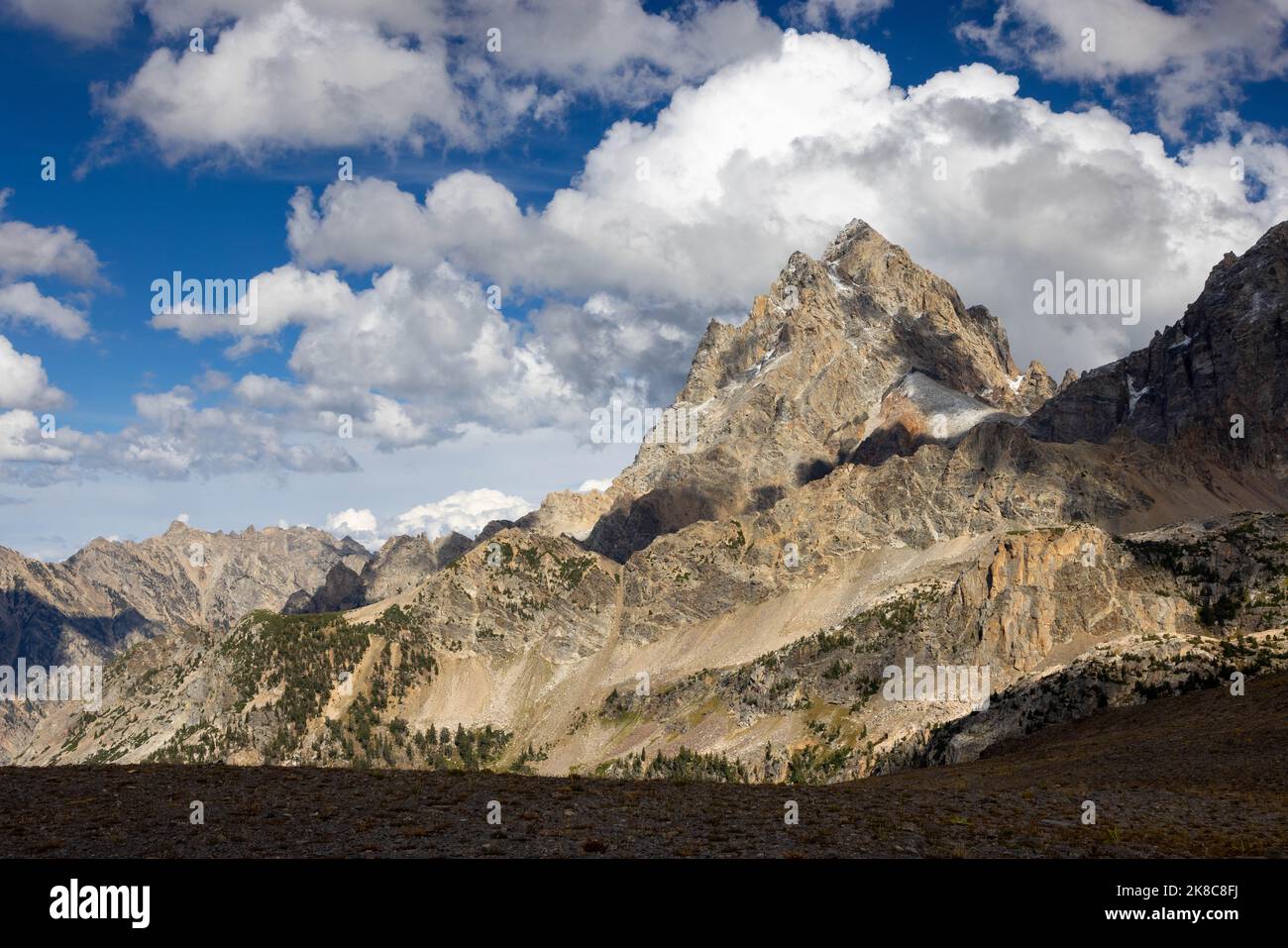 The Grand Teton rising high above the South Fork of Cascade Canyon. Grand Teton National Park, Wyoming Stock Photo