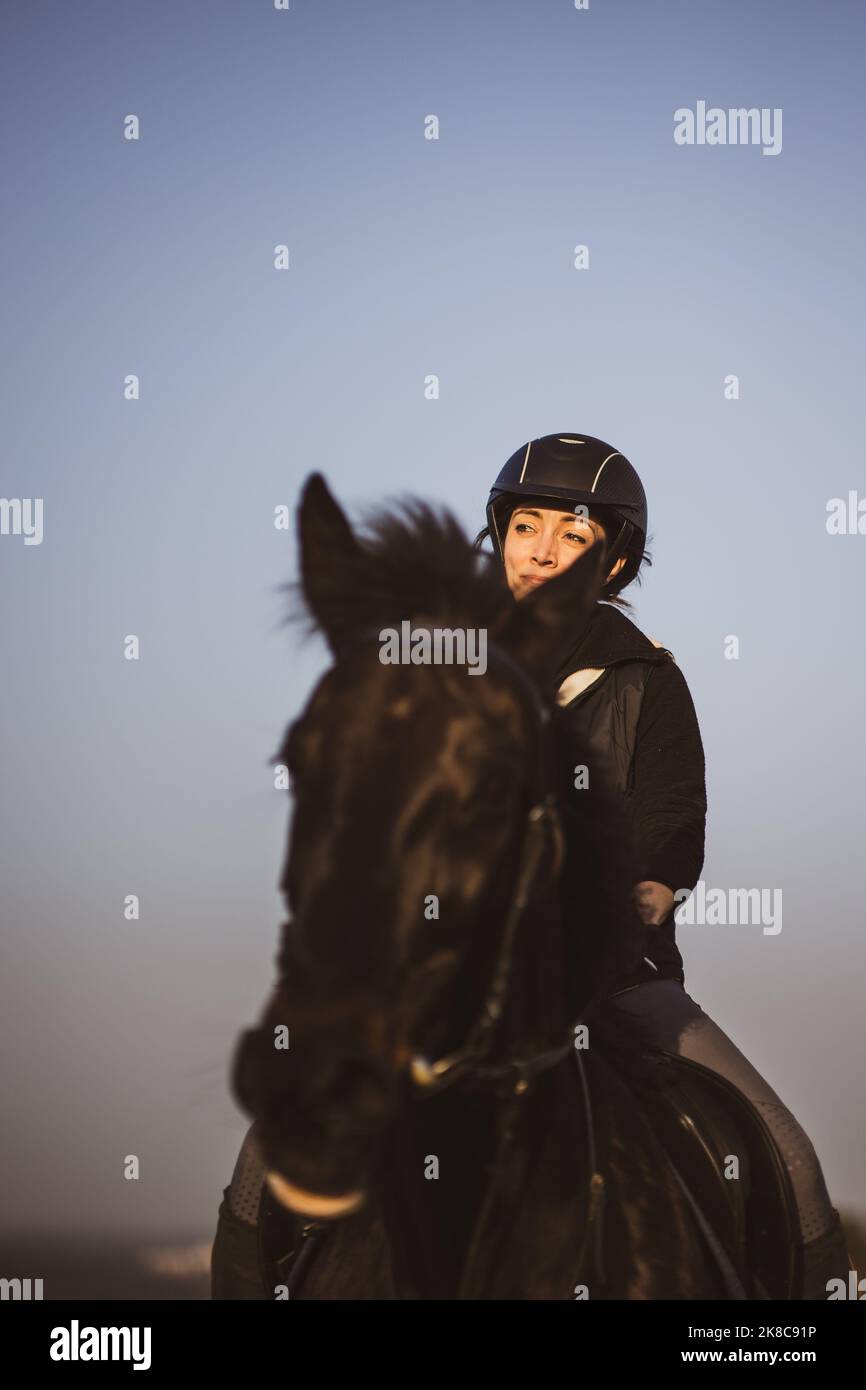 Female horse rider riding outdoors on her lovely horse Stock Photo - Alamy