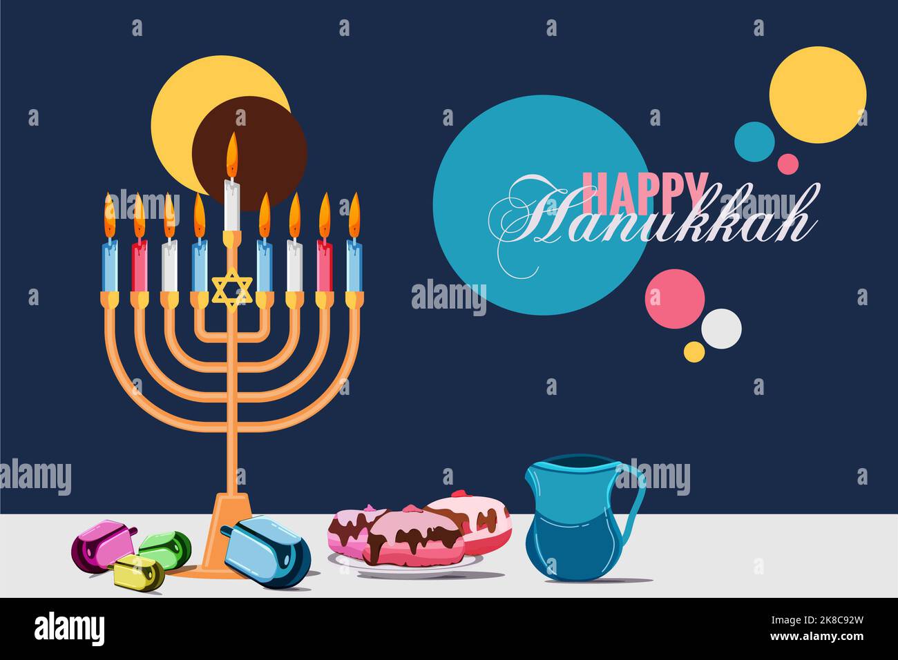 Hand-drawn happy Hanukkah concept flat illustration banner, Jewish Festival, Vector illustration Stock Photo