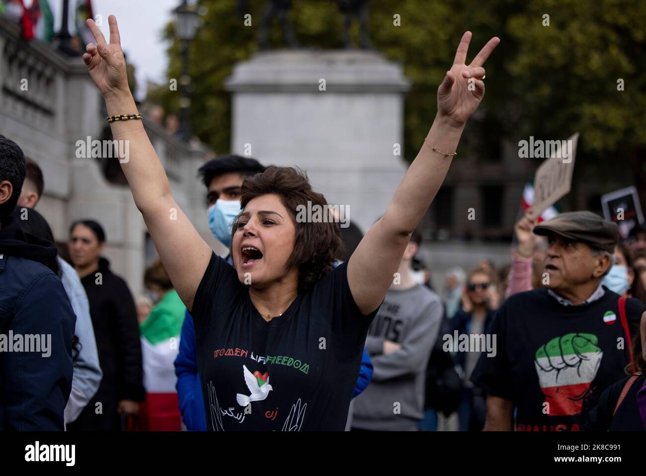 London, UK. 22nd Oct, 2022. An Iranian woman protester seen chanting slogans during the demonstration at Trafalgar Square. Iranians and Iraqi-Kurds residing in the UK and their supporters continue to protest on the streets and demand the UK government to stop supporting the brutality of the Iranian Islamic government after Mahsa Amini died in custody after being arrested by Iran's morality police for not wearing her headscarf in the proper manner. Credit: SOPA Images Limited/Alamy Live News Stock Photo