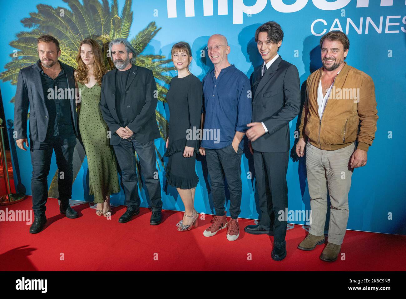 Cannes, France, October 17, 2022, Moe Dunford, Olivia Morris, John Lynch, Katherine O'Donnelly, Ran Tellem, Sota Fukushi and Thierry Godard (The Head) at MIPCOM 2022 Opening Night - Red Carpet Party, Credit: Ifnm Press. Stock Photo