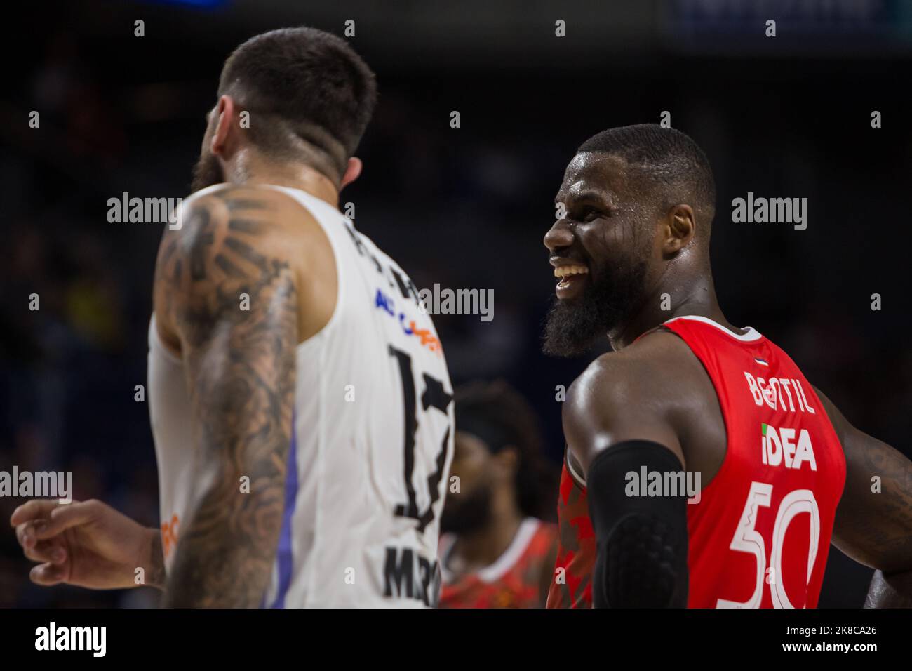 Madrid, Madrid, Spain. 21st Oct, 2022. Vicent Poirier (L) and Benjamin Bentil (R).during Real Madrid victory over Crvena Zvezda mts Belgrade 72 - 56 in Turkish Airlines Euroleague regular season game (round 4) celebrated at WiZink Center in Madrid (Spain). October 21st 2022. (Credit Image: © Juan Carlos GarcÃ-A Mate/Pacific Press via ZUMA Press Wire) Stock Photo