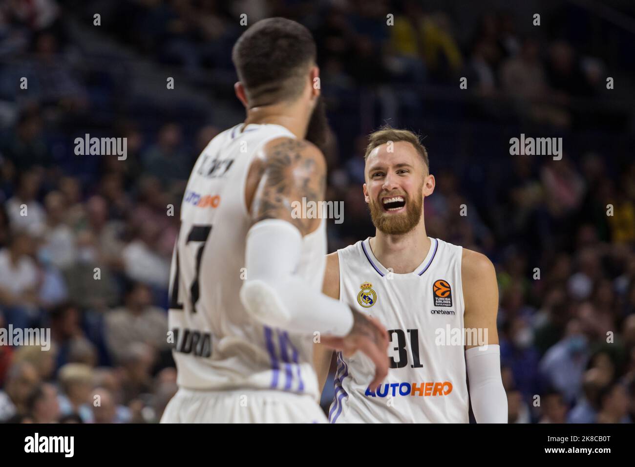 Madrid, Madrid, Spain. 21st Oct, 2022. Vicent Poirier (L) and Dzanan Musa (R).during Real Madrid victory over Crvena Zvezda mts Belgrade 72 - 56 in Turkish Airlines Euroleague regular season game (round 4) celebrated at WiZink Center in Madrid (Spain). October 21st 2022. (Credit Image: © Juan Carlos GarcÃ-A Mate/Pacific Press via ZUMA Press Wire) Stock Photo