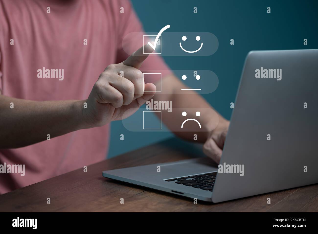 Customer service satisfaction concept ,Business people are touching the virtual screen on the happy Smiley face icon to give satisfaction in service. Stock Photo
