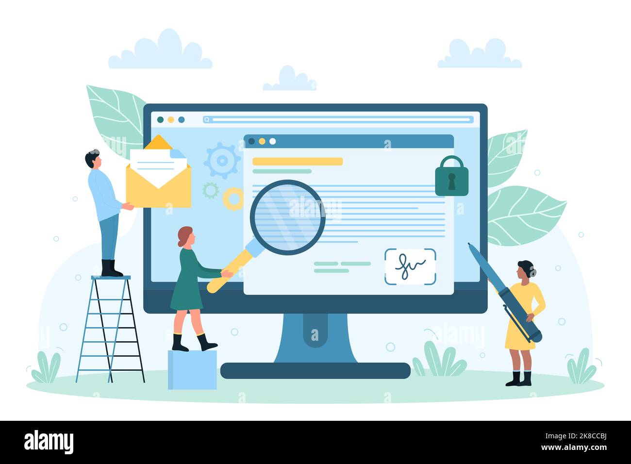 Digital document signing, agreement vector illustration. Cartoon tiny