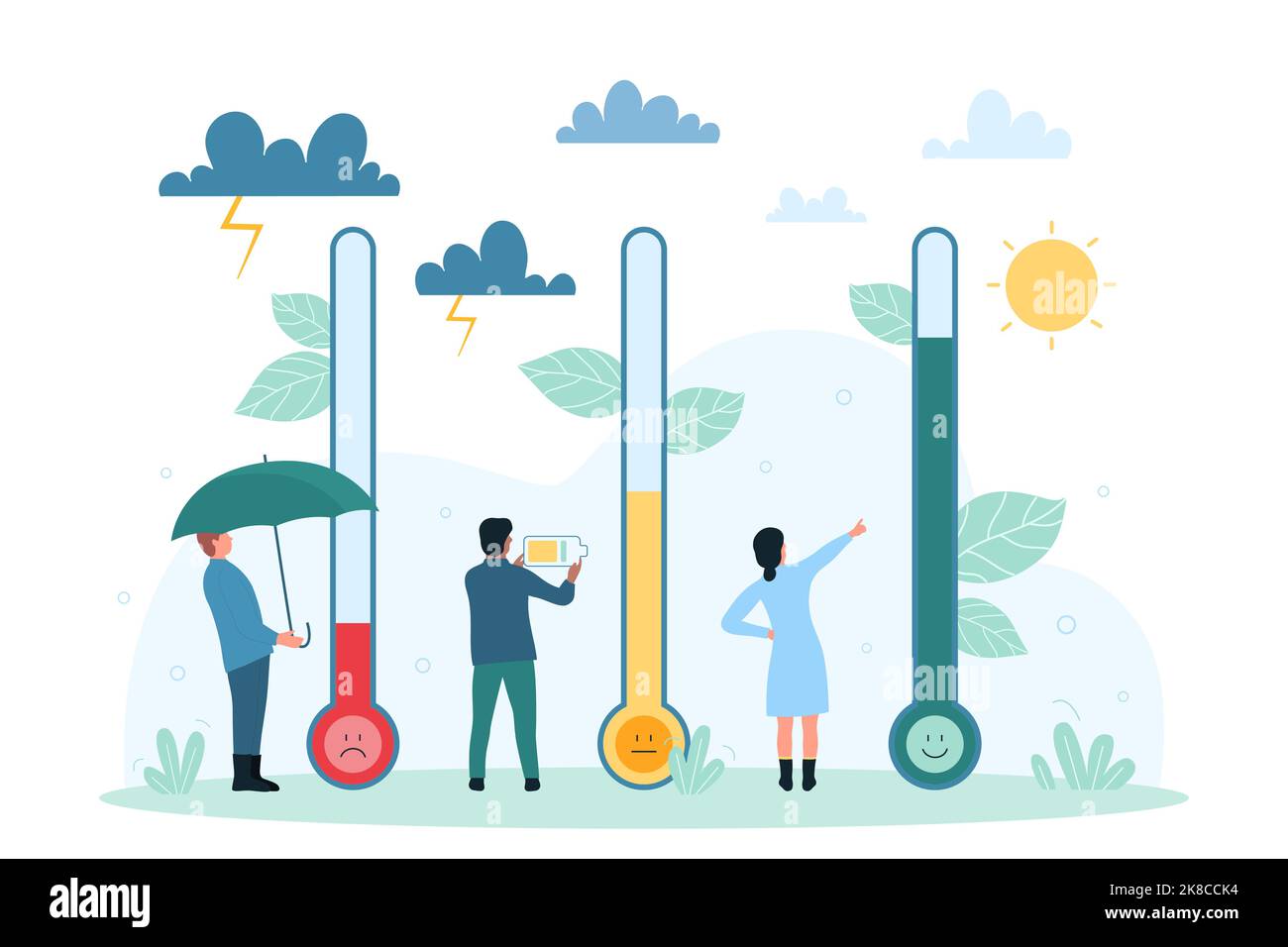 Assessment of stress levels with thermometer vector illustration. Cartoon tiny people rating mood on red, yellow and green color, umbrella and battery to control feelings, gauge burnout and anxiety Stock Vector