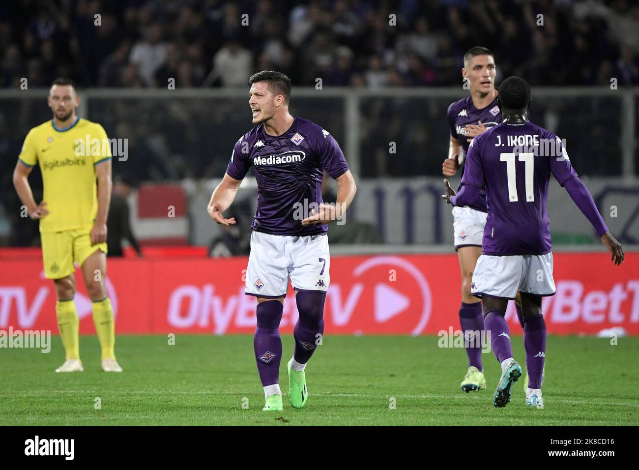 Firenze, Italy. 22nd Oct, 2022. Luka Jovic of ACF Fiorentina celebrates after scoring the goal of 3-3 during the Serie A football match between ACF Fiorentina and FC Internazionale at Artemio Franchi stadium in Firenze (Italy), October 22th, 2022. Photo Andrea Staccioli/Insidefoto Credit: Insidefoto di andrea staccioli/Alamy Live News Stock Photo
