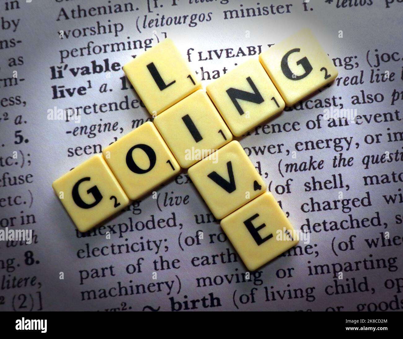 Software projects, Go-Live at the right time - Going Live spelt out in Monopoly Letters on dictionary definition Stock Photo