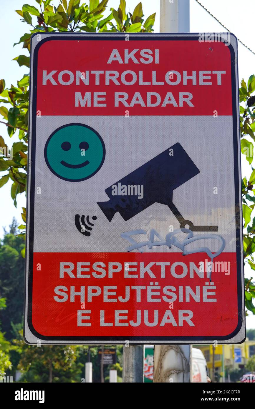Sign, Speed control, Saranda, Republic of Albania Stock Photo