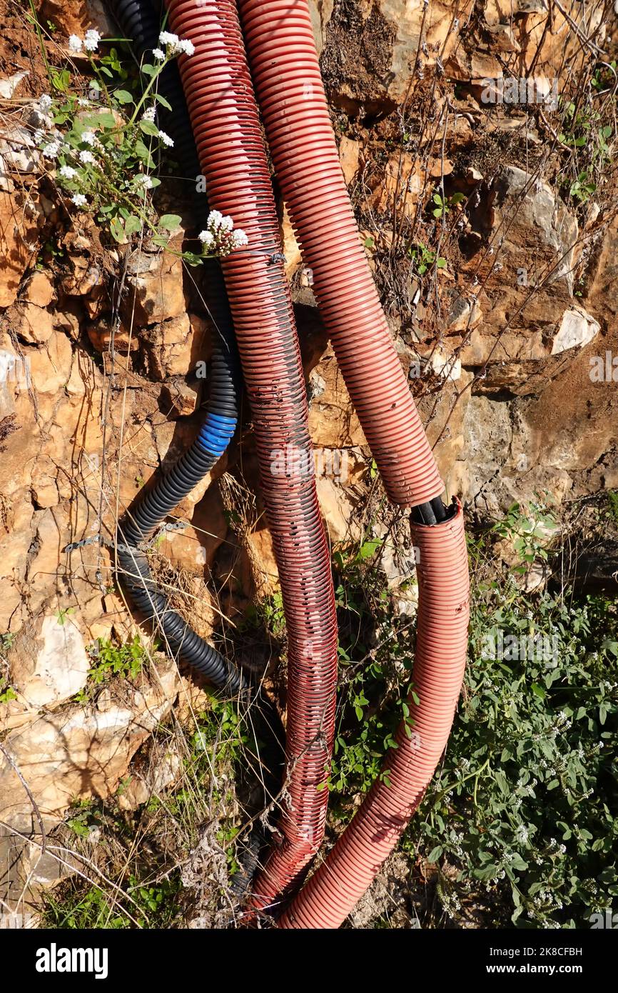 Outdoor power cables, Saranda, Republic of Albania Stock Photo