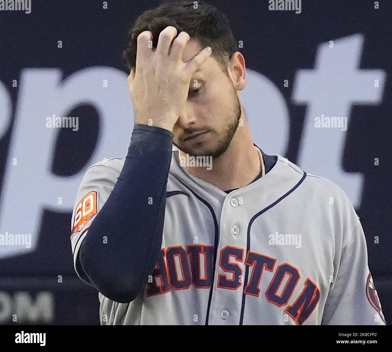 Houston Astros' Kyle Tucker gestures to the dugout as he celebrates his  double in the fourth inning of the team's baseball game against the Texas  Rangers in Arlington, Texas, Thursday, Sept. 16