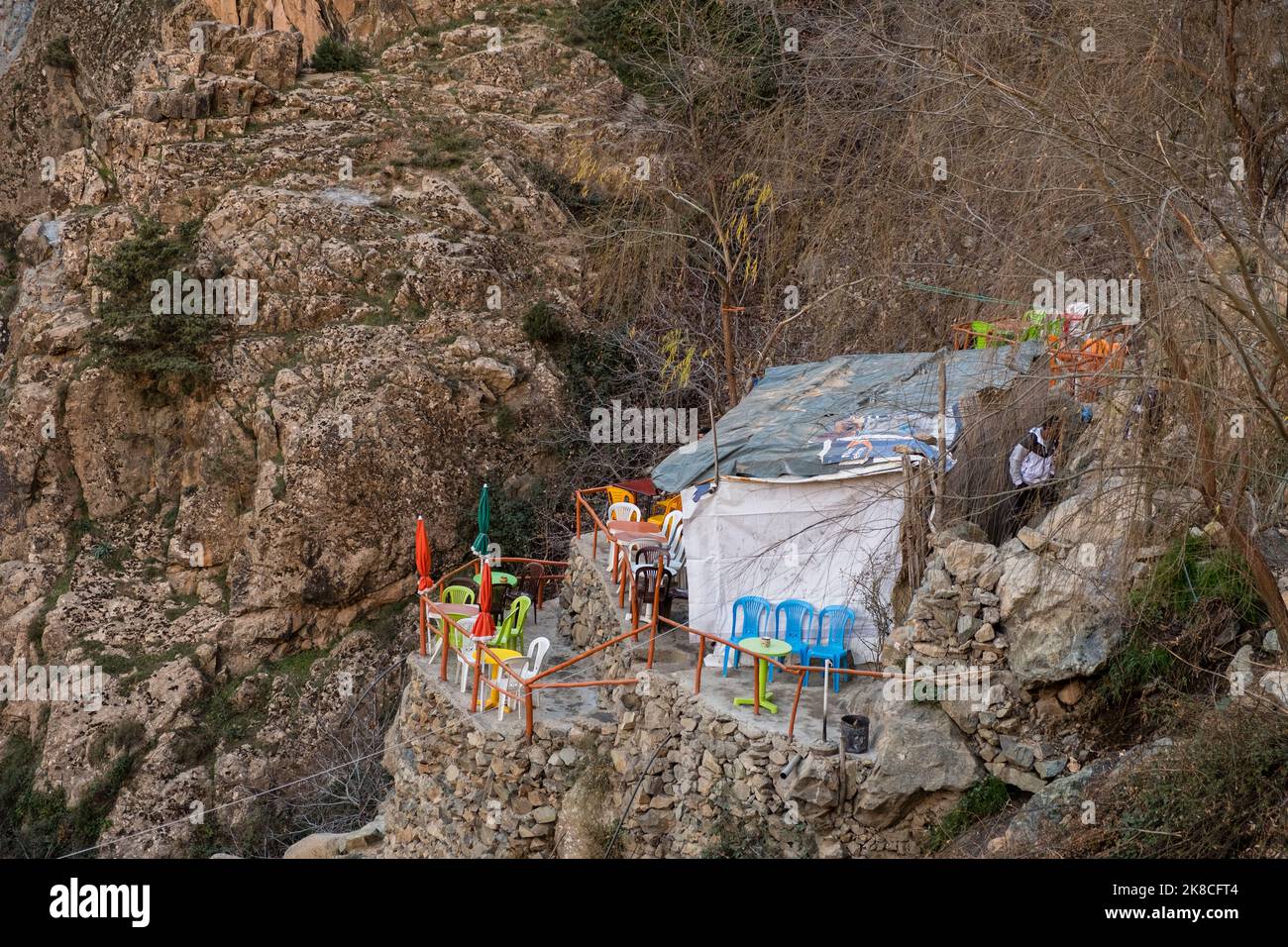 Rustic Moroccan tea house perched on a cliff in the Atlas Mountains, Ourika Valley, Morocco, North Africa Stock Photo