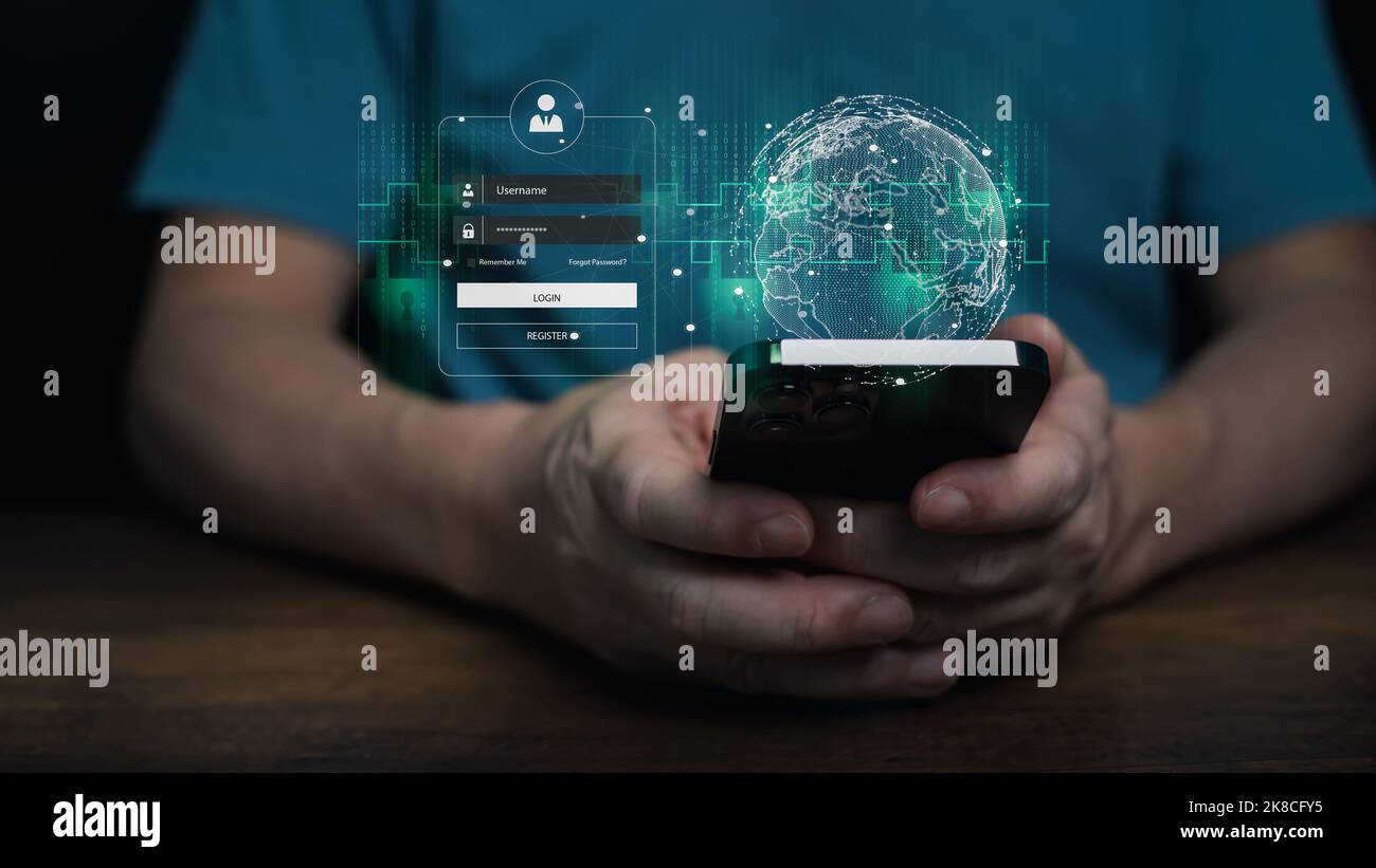 Man hand's holding mobile phone, smartphone with password protection, Global networking, binary code, cyber security concept, copy space. Stock Photo