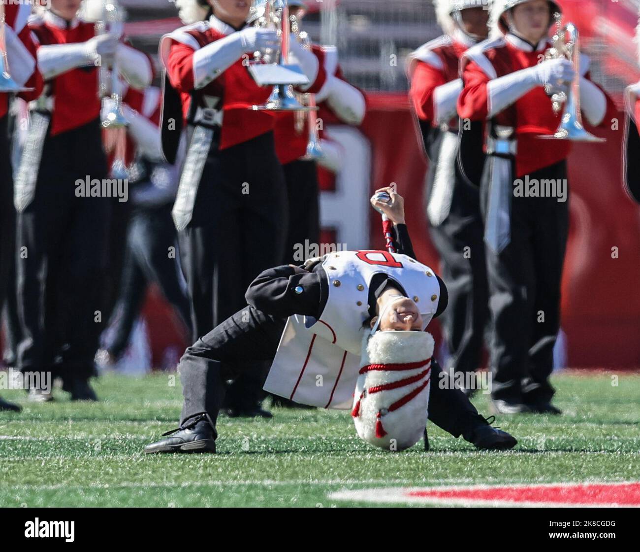 Piscataway, NJ, USA. 22nd Oct, 2022. The drum major leads the marching band onto the field before a NCAA football game between the Indiana Hoosiers and the Rutgers Scarlet Knights at SHI Stadium in Piscataway, NJ. Mike Langish/Cal Sport Media. Credit: csm/Alamy Live News Stock Photo