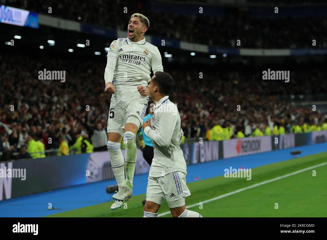 Madrid, Spain, on October 22, 2022. Real Madrid´s Federico Valverde celebrates during La Liga Match Day 11 between Real Madrid C.F. and Sevilla C.F. at Santiago Bernabeu Stadium in Madrid, Spain, on October 22, 2022. Credit: Edward F. Peters/Alamy Live News Stock Photo