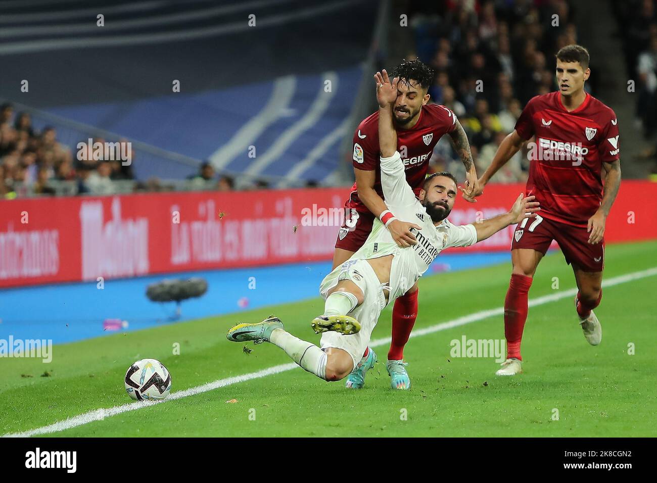 Madrid, Spain, on October 22, 2022. Real Madrid´s Daniel Carvajal and Sevilla´s Alex Telles in action during La Liga Match Day 11 between Real Madrid C.F. and Sevilla C.F. at Santiago Bernabeu Stadium in Madrid, Spain, on October 22, 2022 Credit: Edward F. Peters/Alamy Live News Stock Photo