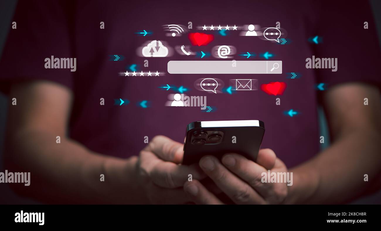 Search engine optimization, SEO, Searching Browsing Internet Data Information Networking Concept, Businessman use smartphone, cloud interface, chat, e Stock Photo