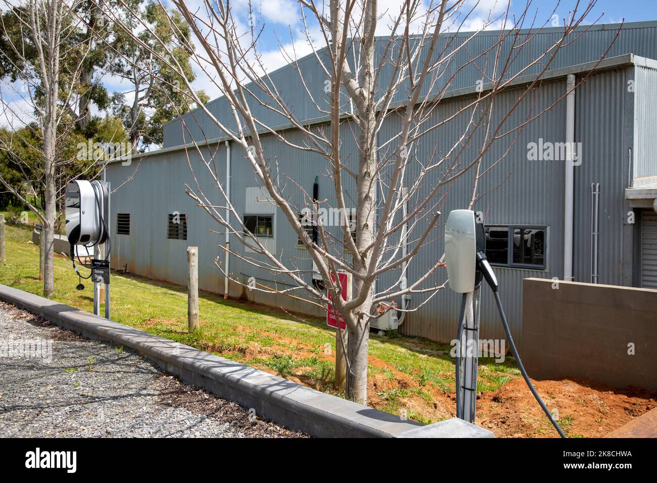 Porsche and Tesla EV chargers at Ross Hill wines vineyard in Orange regional NSW,Australia Stock Photo
