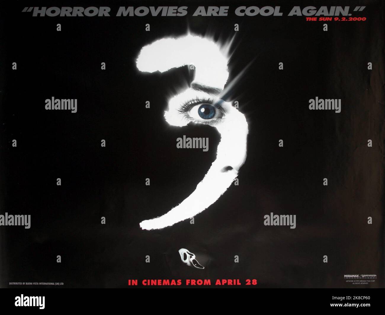 Film Poster Film: Scream 3 (USA 2000)   Director: Wes Craven 03 February 2000   **WARNING** This Photograph is for editorial use only and is the copyright of DIMENSION FILMS and/or the Photographer assigned by the Film or Production Company and can only be reproduced by publications in conjunction with the promotion of the above Film. A Mandatory Credit To DIMENSION FILMS is required. The Photographer should also be credited when known. No commercial use can be granted without written authority from the Film Company. Stock Photo