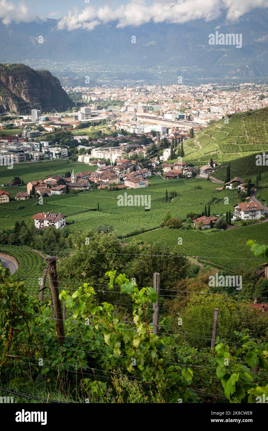 Bolzano is nestled in a valley on the among the Italian Alps, or Dolomites. Stock Photo