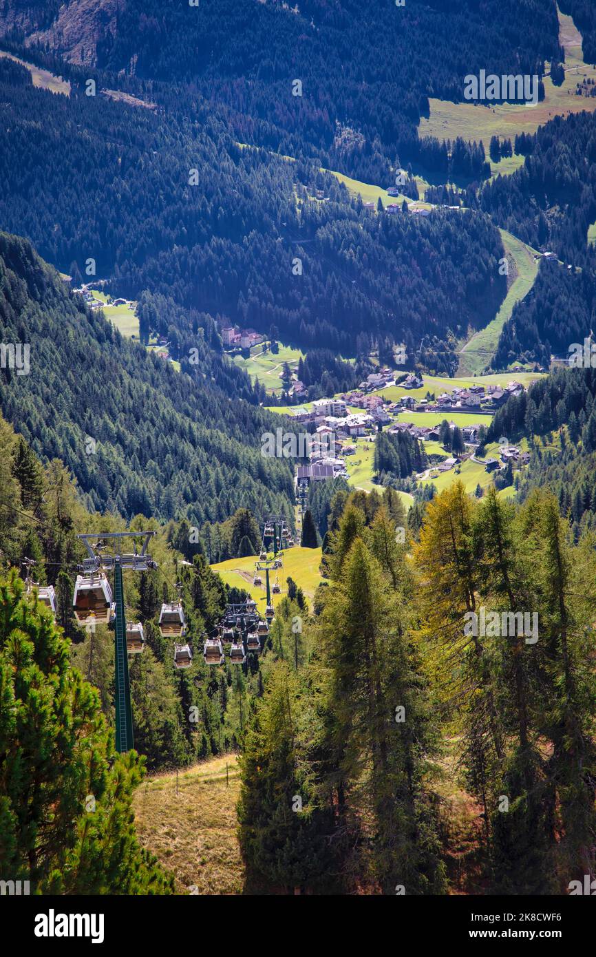 Col Raiser gondola runs year round from Santa Christina, Val Gardena in the Dolomites of Italy. Stock Photo